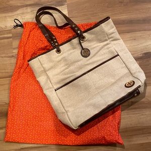 Tory Burch natural color tote with leather trim